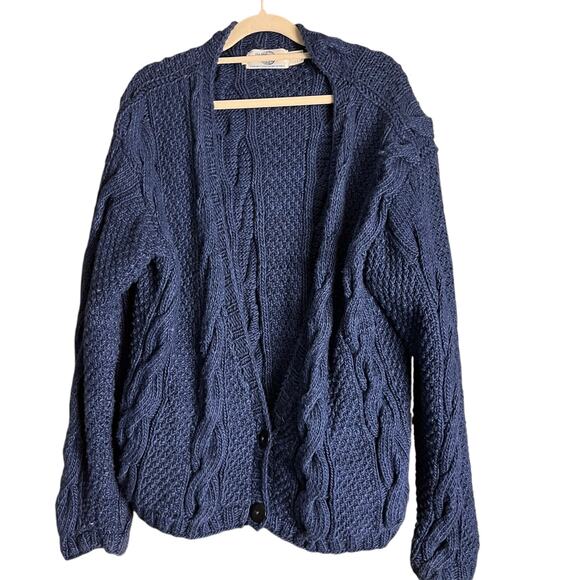 The Sweater Venture Blue Handmade Mens Cardigan L Cable Knit Chunky Fisherman - Picture 1 of 6